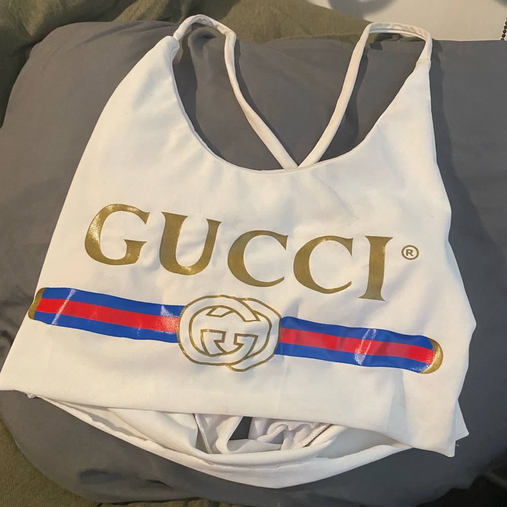 Gucc White Tank Top with Gold Logo